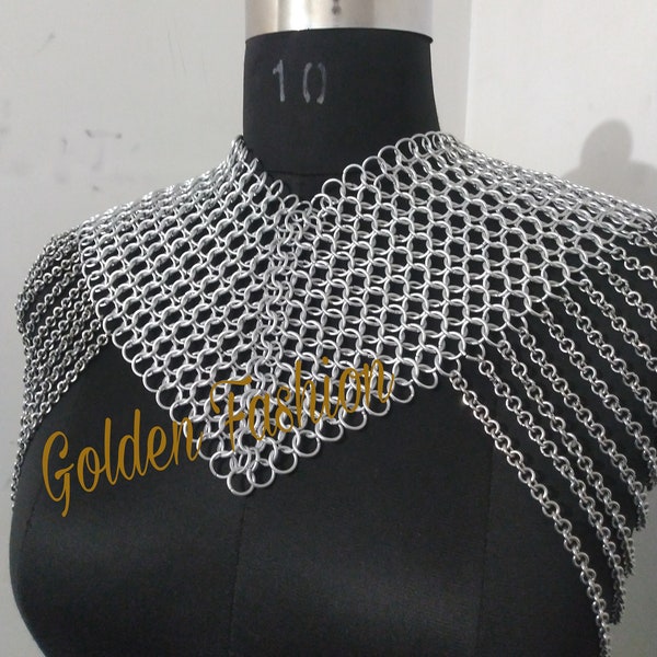 Chainmail collar with small shoulder chain layers metal aluminium chainmail jump rings neck piece cosplay costume festival renaissance faire