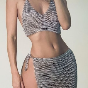 Medieval Roleplay Fantasy Chainmail Crop Halter Bra/Top And Skirt For Women body Bra Aluminiume Butted Chainmail Antique Gothic Larp Gift