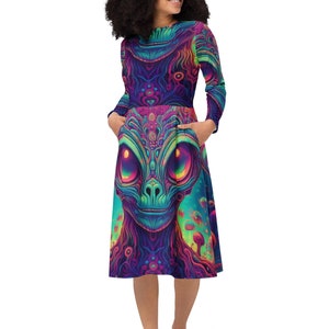 Alien All-over print long sleeve midi dress with Pockets, Psychedelic Alien Pocket Dress