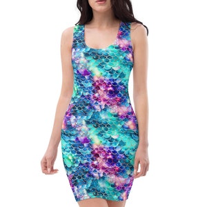 Mermaid Pattern Bodycon dress, Mermaid Scales Above knee dress, Sleeveless Dress