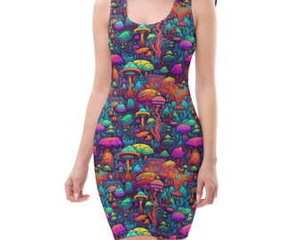 Trippy Psychedelic Mushroom Print Fitted Stretch Bodycon Dress, Festival Dress, Mushroom Print Dress