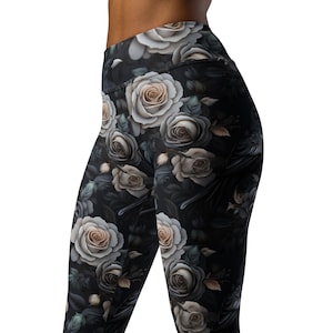 Large Roses and Black Crow Goth Style High Waist Yoga Leggings