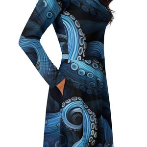 Blue and Black Octopus Tentacles All-over print long sleeve midi dress with Pockets, Octopus Long sleeve Pocket Dress