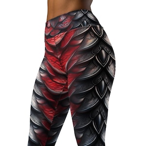 Red Black and Silver Dragon Scales High Waist Yoga Leggings, Dragon Scales Yoga Pants