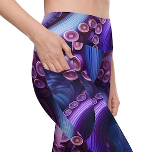 Blue and Purple Octopus Tentacles High Waist Leggings with pockets, Octopus Yoga Pants With Phone Pockets