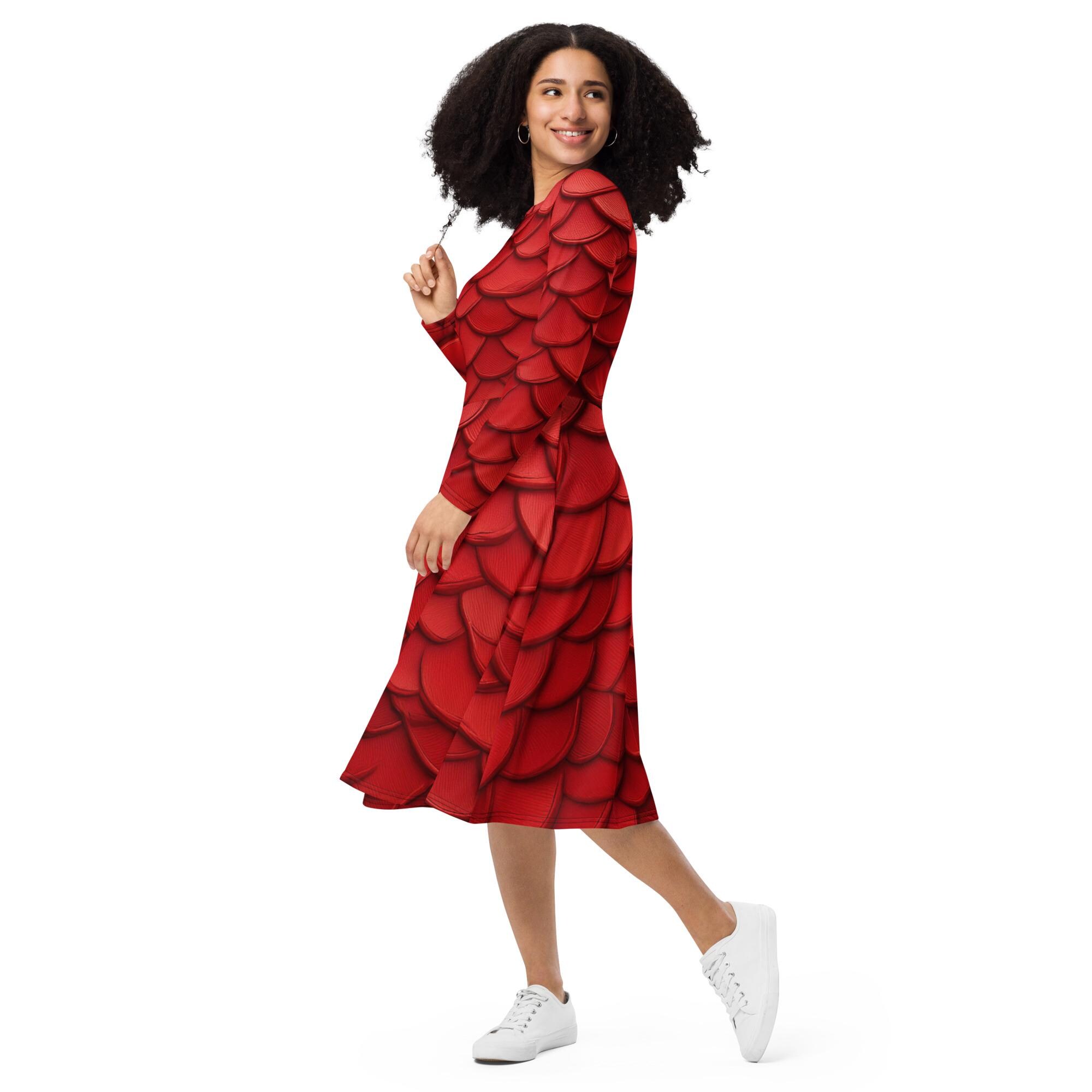Red Dragon Scales All-Over Print Long Sleeve Midi Dress with Pockets, Dragon Dress