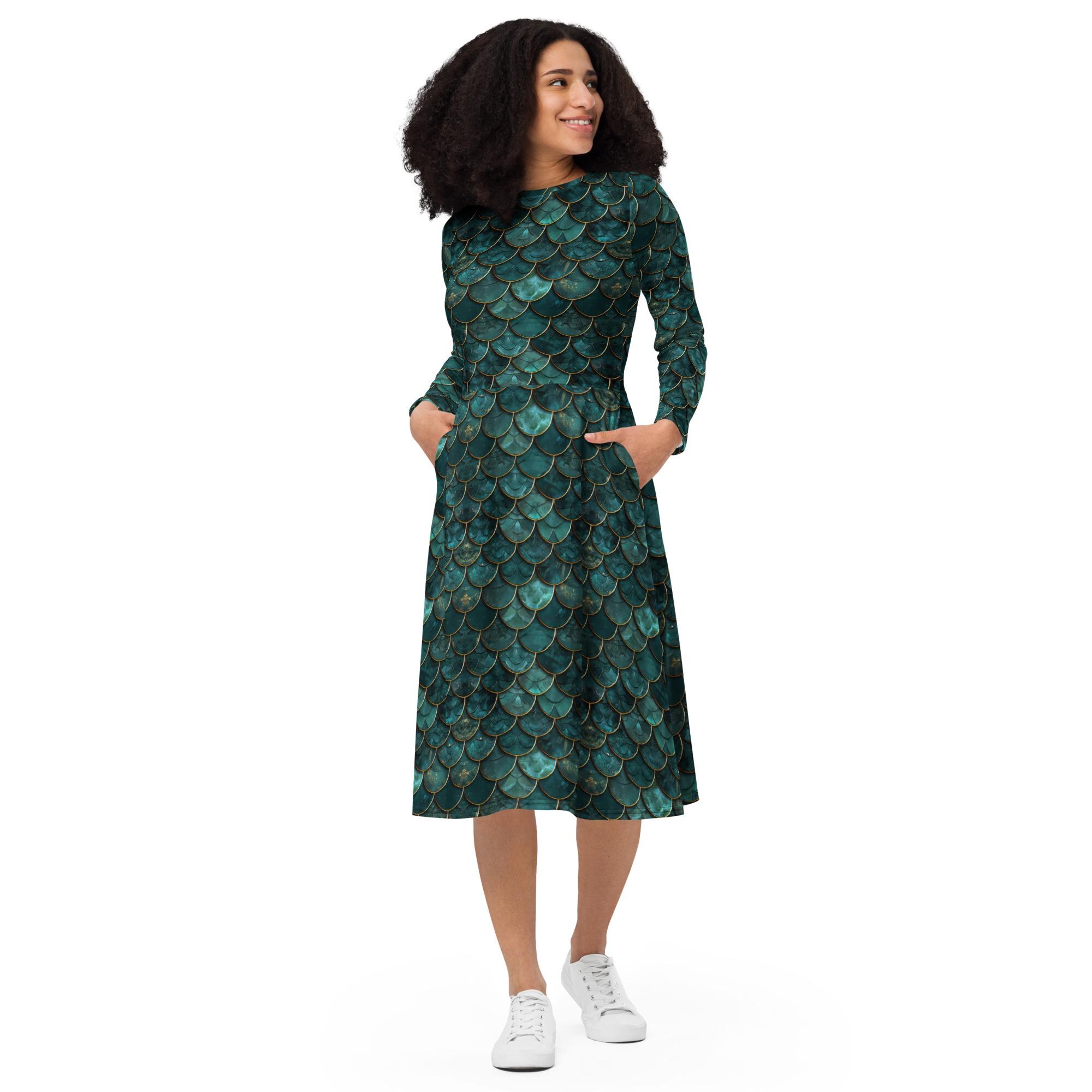 Green Dragon Scales Midi Dress with Long Sleeves and Pockets, Fantasy Cosplay Dress