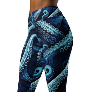 Blue And Black Octopus Tentacles Yoga Leggings, High Waist Leggings, Festival Leggings