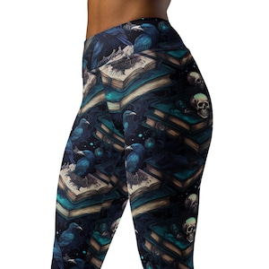 Books Crows and Skulls Yoga Leggings, High Waist Leggings, Gothic Leggings, Gym Leggings
