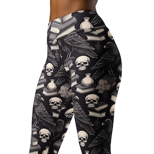 Black and white Skull, Books and Black Crow  High Waist Yoga Leggings, Goth Leggings
