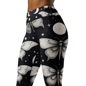 Black and White Gothic Moths and Moon High Waist Yoga Leggings
