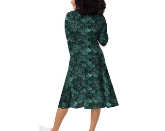 Green Dragon Scales Midi Dress with Long Sleeves and Pockets, Fantasy Cosplay Dress Green Dragon Scales Midi Dress with Long Sleeves and Pockets, Fantasy Cosplay Dress