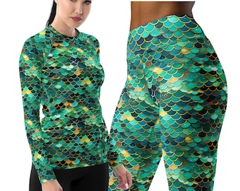 Traje de cosplay de sirena, leggings de cintura alta y rashguard de manga larga a juego, se venden por separado.