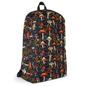 Mushroom  Patterned Backpack, Fungi themed Backpack, Woodland inspired Backpack with front pocket and laptop pocket, Earthy Botanical Gift