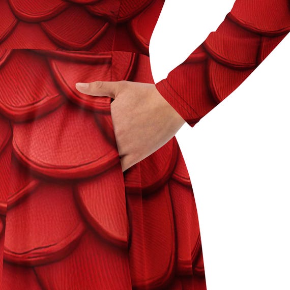 Red Dragon Scales All-Over Print Long Sleeve Midi Dress with Pockets, Dragon Dress