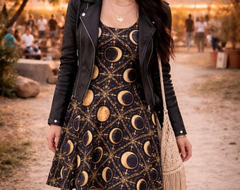 Moon Phase Chainmail Skater Dress, Boho Festival Dress