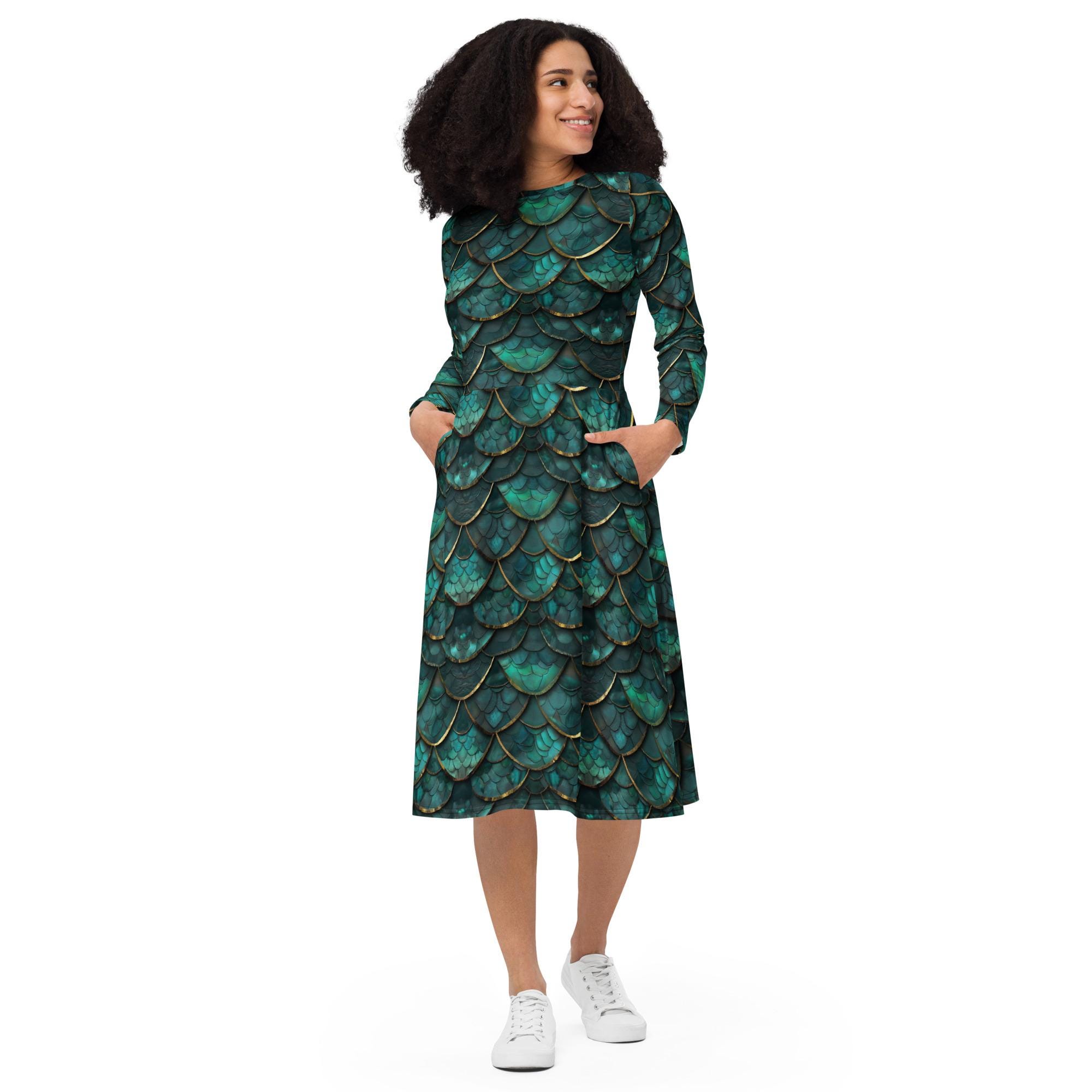Green Dragon ScalesAll-over Print long sleeve midi Dress with Pockets, Dragon Print Dress