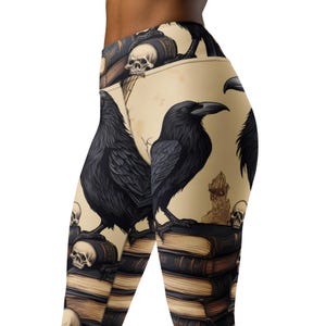 Black Crow, Skull and Books Goth Style High Waist Yoga Leggings