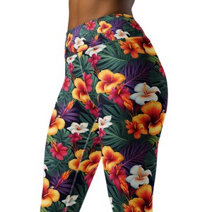 Tropical Flowers High Waist Yoga Leggings, Floral Yoga Pants, Gym Leggings,