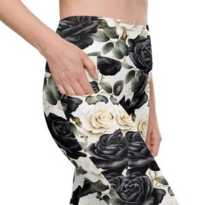 Black and White Roses All Over Print Leggings with pockets, Yoga Leggings with Phone Pockets, Gym Leggings, Yoga Pants, Size up to 6XL