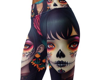 Sugar Skull Girl High Waist Yoga Leggings, Halloween Leggings, Day of The Dead Leggings, Goth Leggings