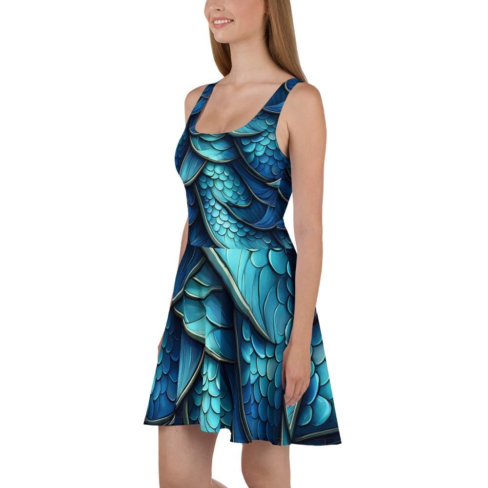 Blue Dragon Scales Skater Dress, Dragon Patterned Dress,