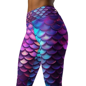 Blue and Purple Mermaid Scales High Waist Yoga Leggings, Mermaid Yoga Pants