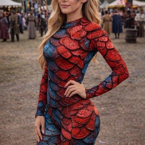 赤と青のドラゴンスケールコスチューム、長袖ラッシュガードとハイウエストレギンス、コスプレコスチューム（別売り）