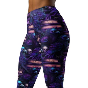 Gothic Books Crows and Skulls High Waist Yoga Leggings, Black and Purple Goth Themed Leggings