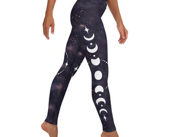 Moon Phase Night Sky Yoga Leggings, Celestial Yoga Leggings, Moon Phase Yoga Pants