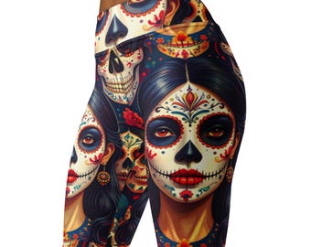 Sugar Skull High Waist Yoga Leggings, Halloween Leggings, Day Of The Dead Leggings