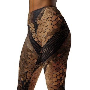 Leggings de yoga taille haute imprimé peau de serpent marron, Pantalon de yoga peau de serpent marron