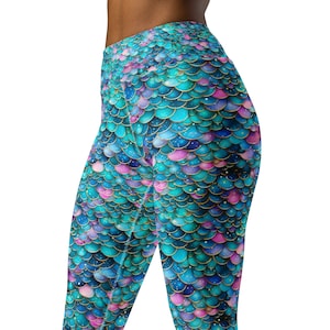 Mermaid High Waist Yoga Leggings, Mermaid Yoga Pants, Gym Leggings, Pilates Leggings, Workout Fitness Leggings