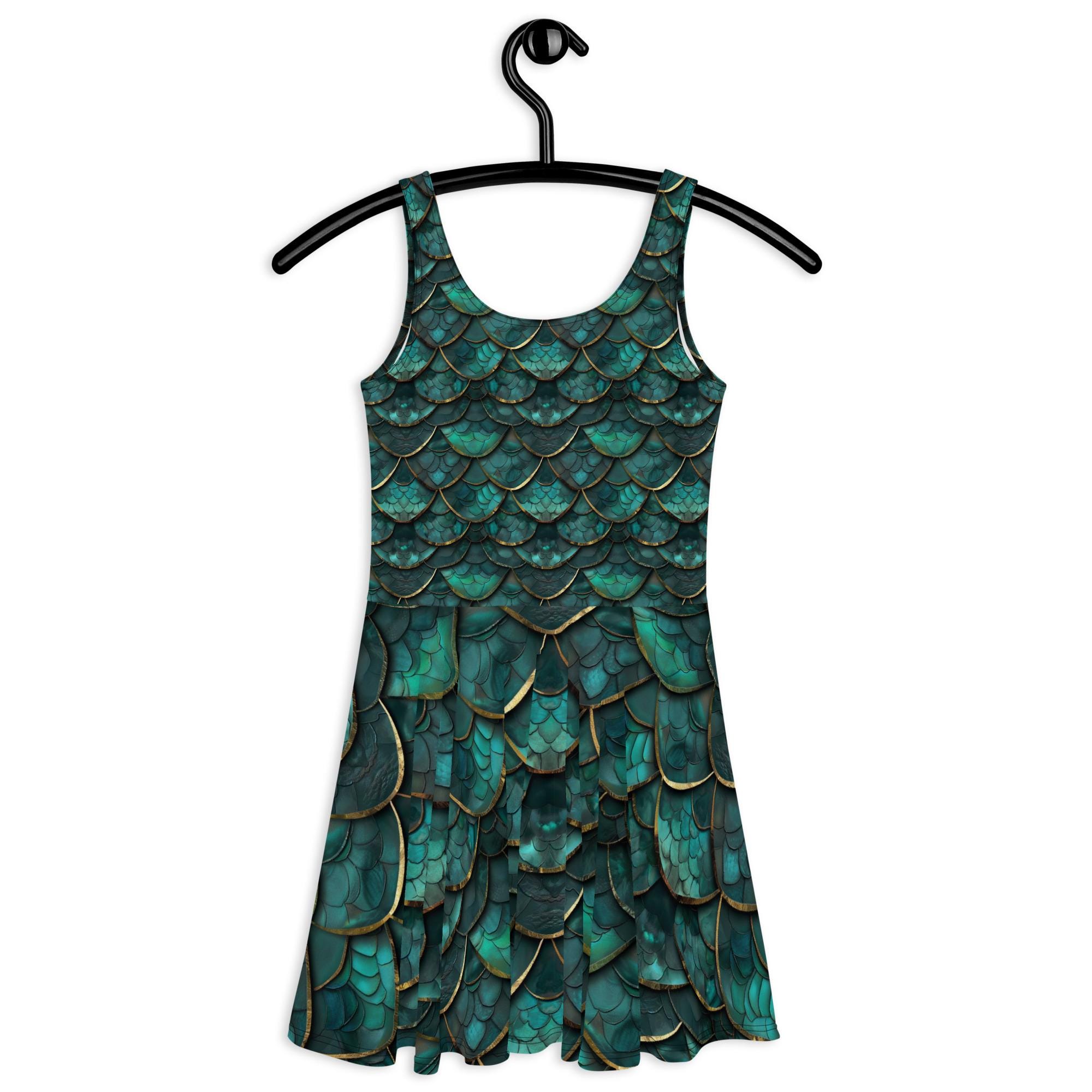 Green Dragon Scales Skater Dress, Cosplay Dress, Fantasy Festival Outfit