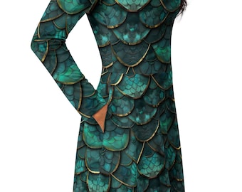 Green Dragon ScalesAll-over print long sleeve midi dress with Pockets, Dragon Print Dress