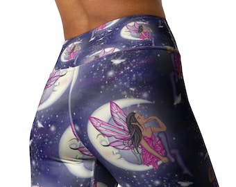 Leggings de yoga fées clair de lune, pantalons de yoga à motifs de fées, leggings sans couture, leggings de sport doux et extensibles, leggings de yoga taille haute