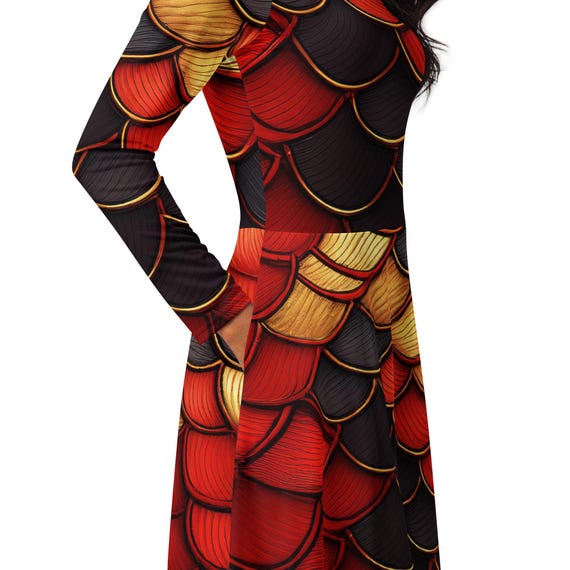 Red, Black and Gold Dragon Scale All-Over Print Long Sleeve Midi Dress with Pockets,