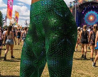 Leggings de talle alto con estampado de piel de reptil, atuendos para festivales y fiestas rave.