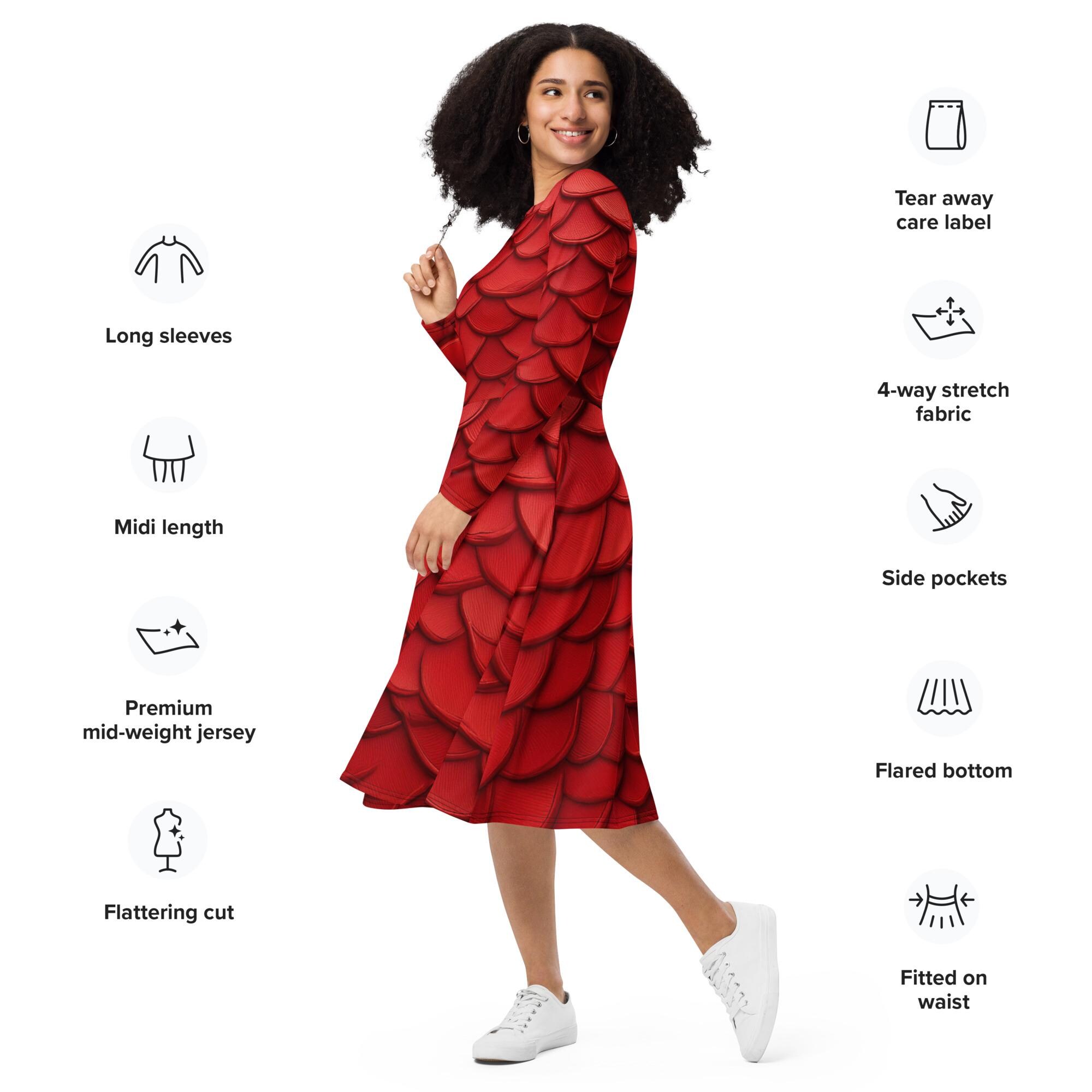 red scale dress Red Dragon Scales All-over print long sleeve midi Dress with Pockets, Dragon Dress