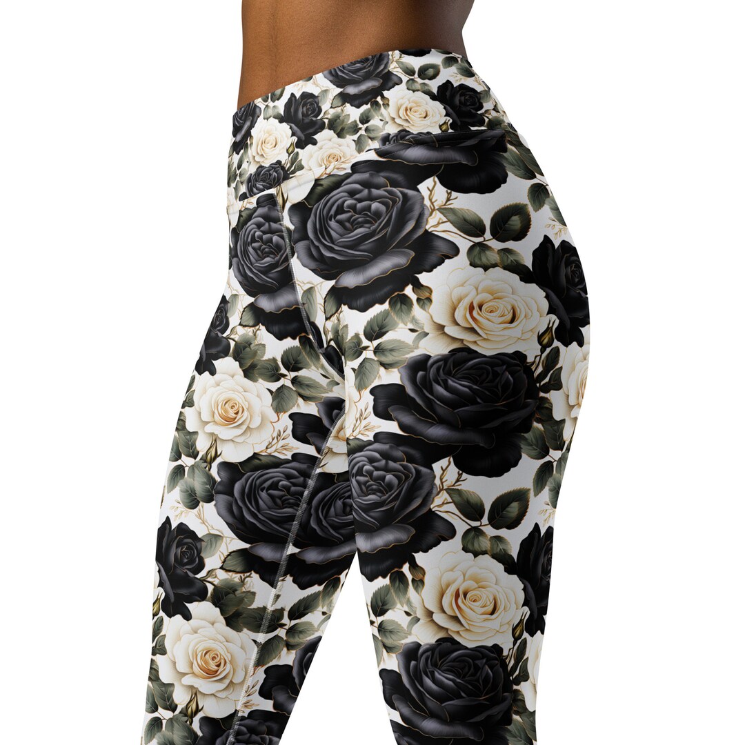 Workout With Roses Black and White Roses Allover Print High Waist Yoga Leggings, Floral ...