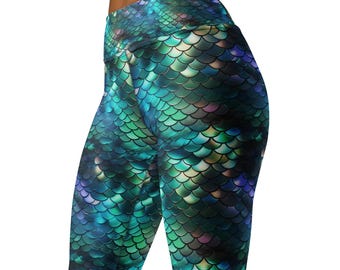 Mermaid Scales Printed High Waist Yoga Leggings, Mermaid Yoga Pants, Mermaid Leggings