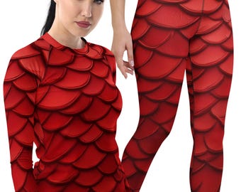 Red Dragon Scales Outfit Long Sleeve Rash Guard and High Waist Leggings, Dragon Cosplay Costume