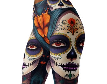 Female Sugar Skull High Waist Yoga Leggings, Halloween Leggings, Day of The Dead Leggings