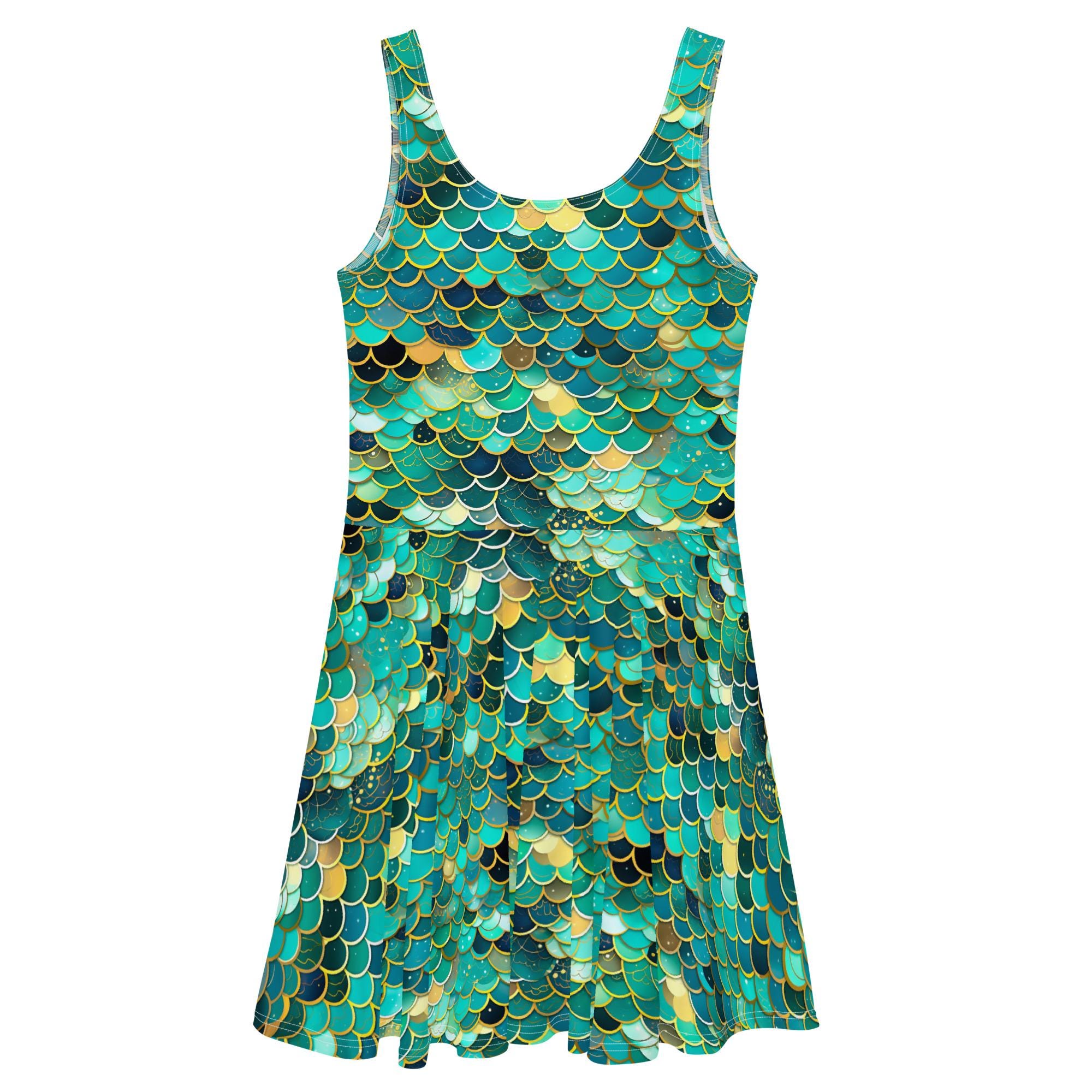mermaid scale skater dress Turquoise Dragon/mermaid Scale Sleeveless Zipper Front Skater Dress With Purple Fish Scale Hood Lining & Spikes Festival Rave