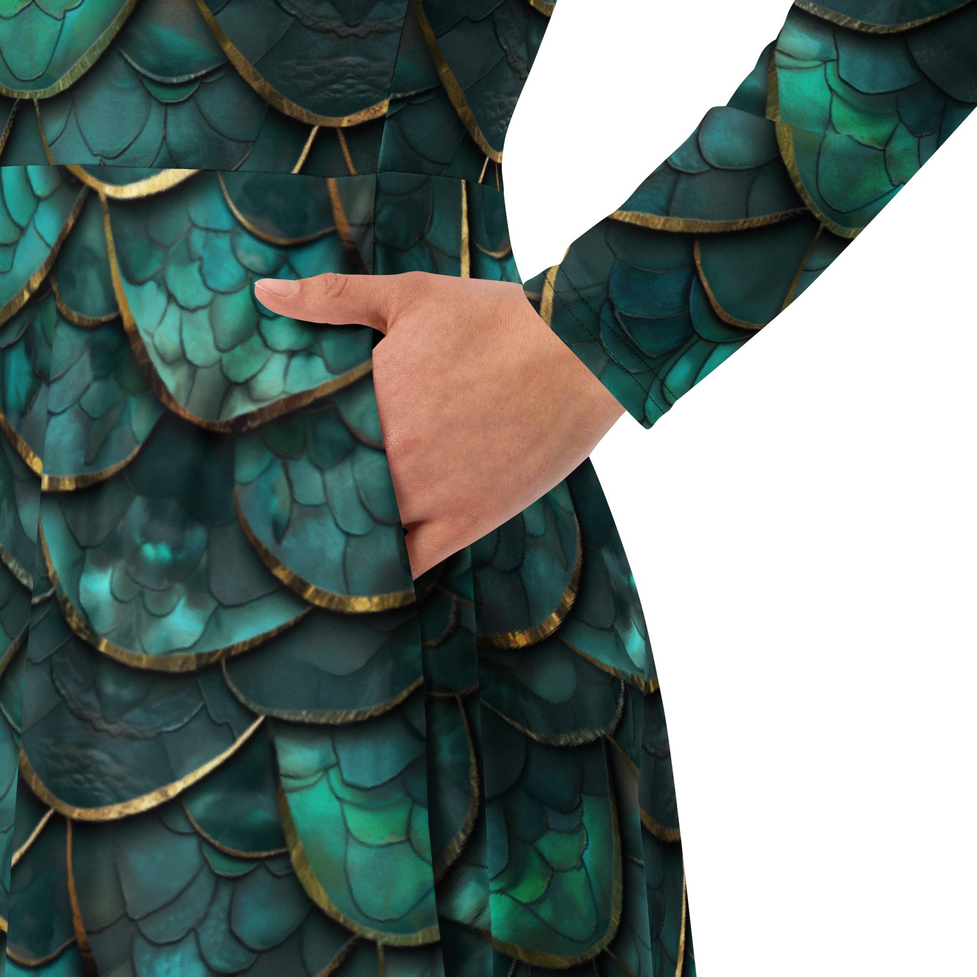 Green Dragon ScalesAll-over Print long sleeve midi Dress with Pockets, Dragon Print Dress