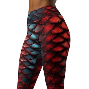 Red and Black Dragon Scales high waist Yoga Leggings, Dragon Scales Yoga Pants