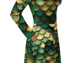Green and Gold Dragon Scales Long Sleeve Midi Dress With Pockets, Dragon Dress, Dragon Scales Dress