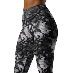 Black Lace Effect High Waist Yoga Leggings, Lace Look Leggings, Goth Leggings, Gym Leggings