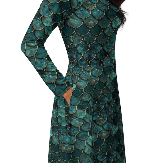 Green Dragon Scales Midi Dress with Long Sleeves and Pockets, Fantasy Cosplay Dress Green Dragon Scales Midi Dress with Long Sleeves and Pockets, Fantasy Cosplay Dress