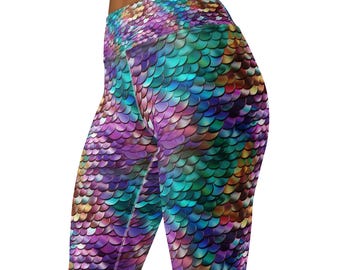 Mermaid Scales Printed High Waist Yoga Leggings, Mermaid Yoga Pants, Mermaid Leggings